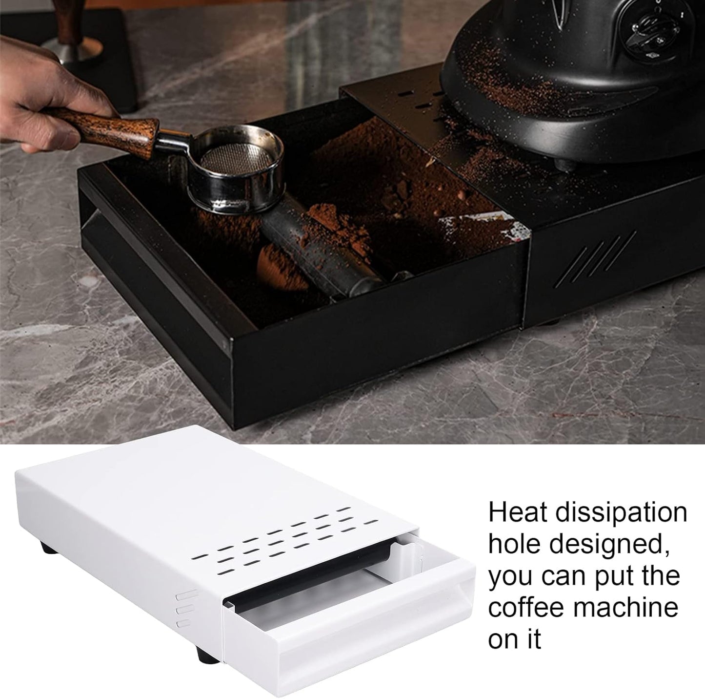 Coffee Knock Box Drawer, Stainless Steel Espresso Knock Box with Six Non Slip Feet, Removable Rubber Lever, Coffee Ground Container, for Household Shop (White)