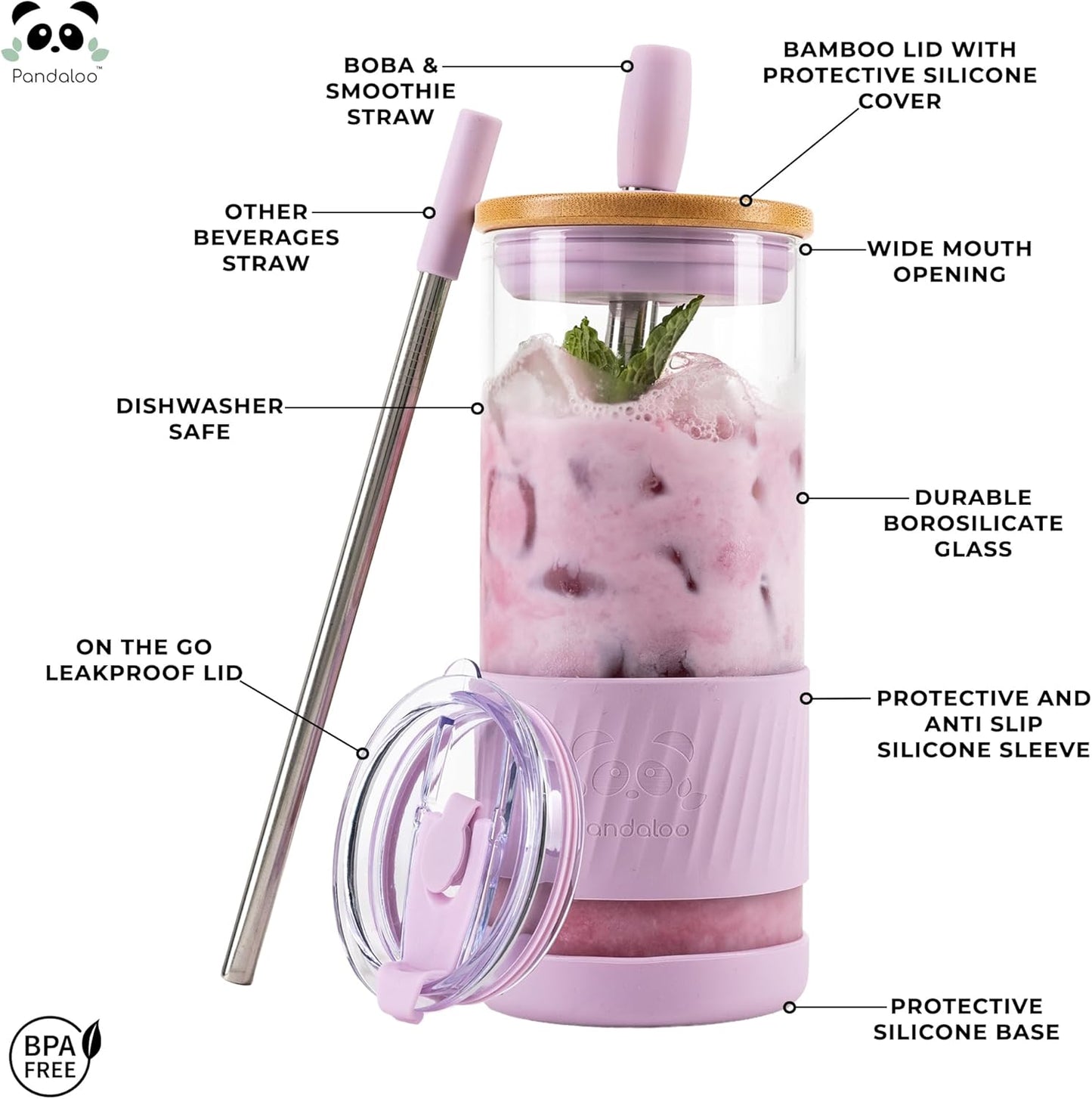 Pandaloo® Glass Cups With Lids and Straws -20 Fl Oz- Perfect Size Iced Coffee Cup - Smoothie Cup With Bamboo Lid and On the go Lid - Glass Tumbler (2 Count (Pack of 1), Lilac Rhapsody-Lilac Rhapsody)