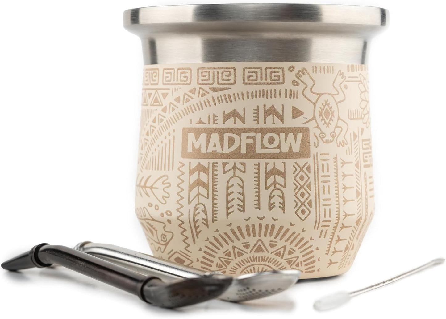 MADFLOW Yerba Mate Cup. Stainless Steel Mate Cup with 2 Bombillas. Double Wall Vacuum Insulated Yerba Mate Gourd. Unique Mate Cup And Bombilla Set