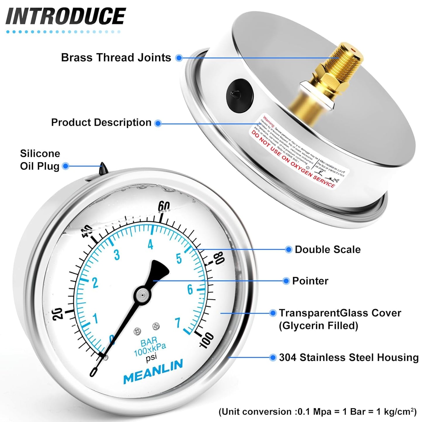 MEANLIN MEASURE 0~100Psi Stainless Steel 1/4" NPT 4" FACE DIAL Liquid Filled Pressure Gauge WOG Water Oil Air Back Mount, with 1/4" x 1/2" NPT and 1/4" x 3/8" NPT Hex Bushing