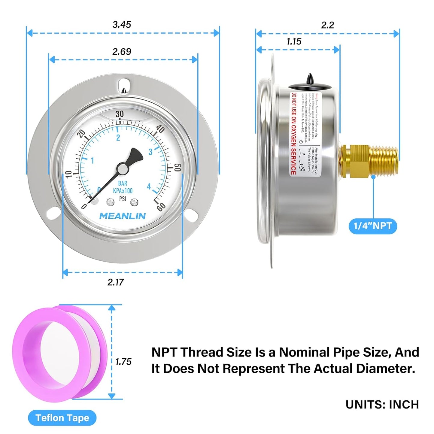 MEANLIN MEASURE 0~60Psi Liquid Filled Pressure Gauge Front Flange Panel Mount, 1/4" NPT 2.5" FACE DIAL Stainless Steel Case with Phillips Screw and Nut, +/-3-2-3%