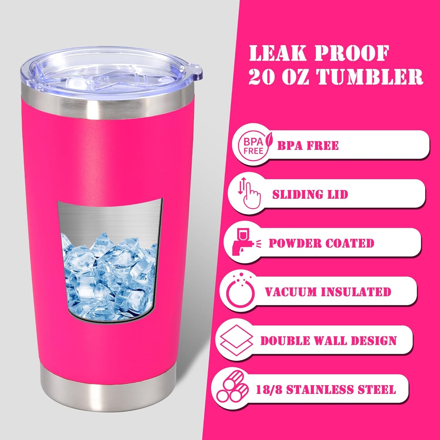 20 oz Tumbler with lid Double Wall Vacuum Insulated Tumblers Stainless Steel Coffee Mug Travel Coffee Tumbler Powder Coated Tumbler Cup Keep Hot&Cold - (Hot Pink 12 Pack)