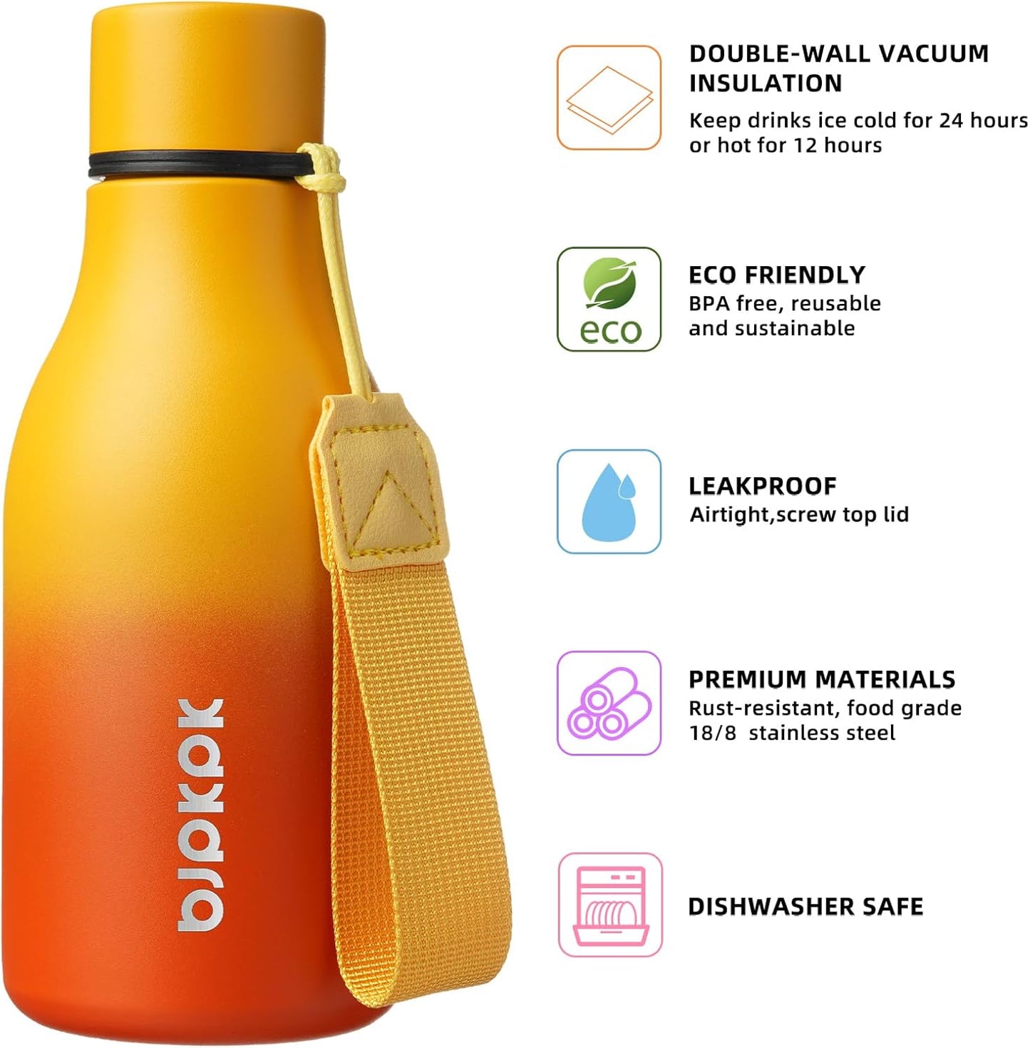 BJPKPK Insulated Water Bottles, 12oz Stainless Steel Metal Water Bottle with Strap, BPA Free Leak Proof Thermos, Mugs, Flasks, Reusable Water Bottle for Sports & Travel, Sunset Orange
