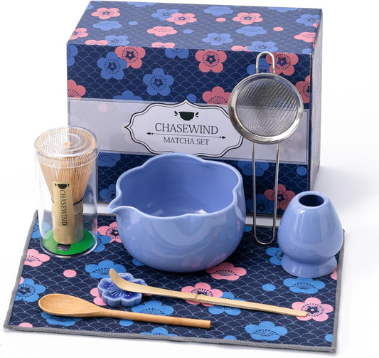 Matcha Set, 8Pcs Floral Ceramic Matcha Set with Matcha Whisk, Holder, Scoop, Scoop Rest, Sifter, Spoon and Tea Towel - Thoughtful Matcha Whisk Set Gift for Matcha Lovers (Blue)