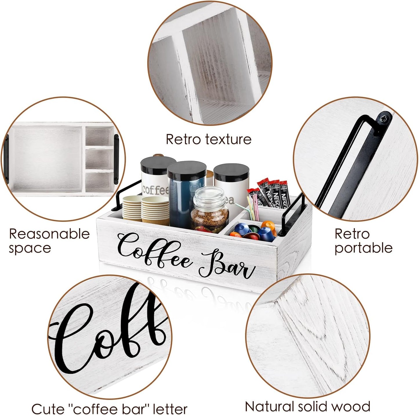 Coffee Station Organizer Wooden Coffee Bar Holder Accessories for Countertop, Farmhouse Kcup Pod Storage Basket with Handle - White