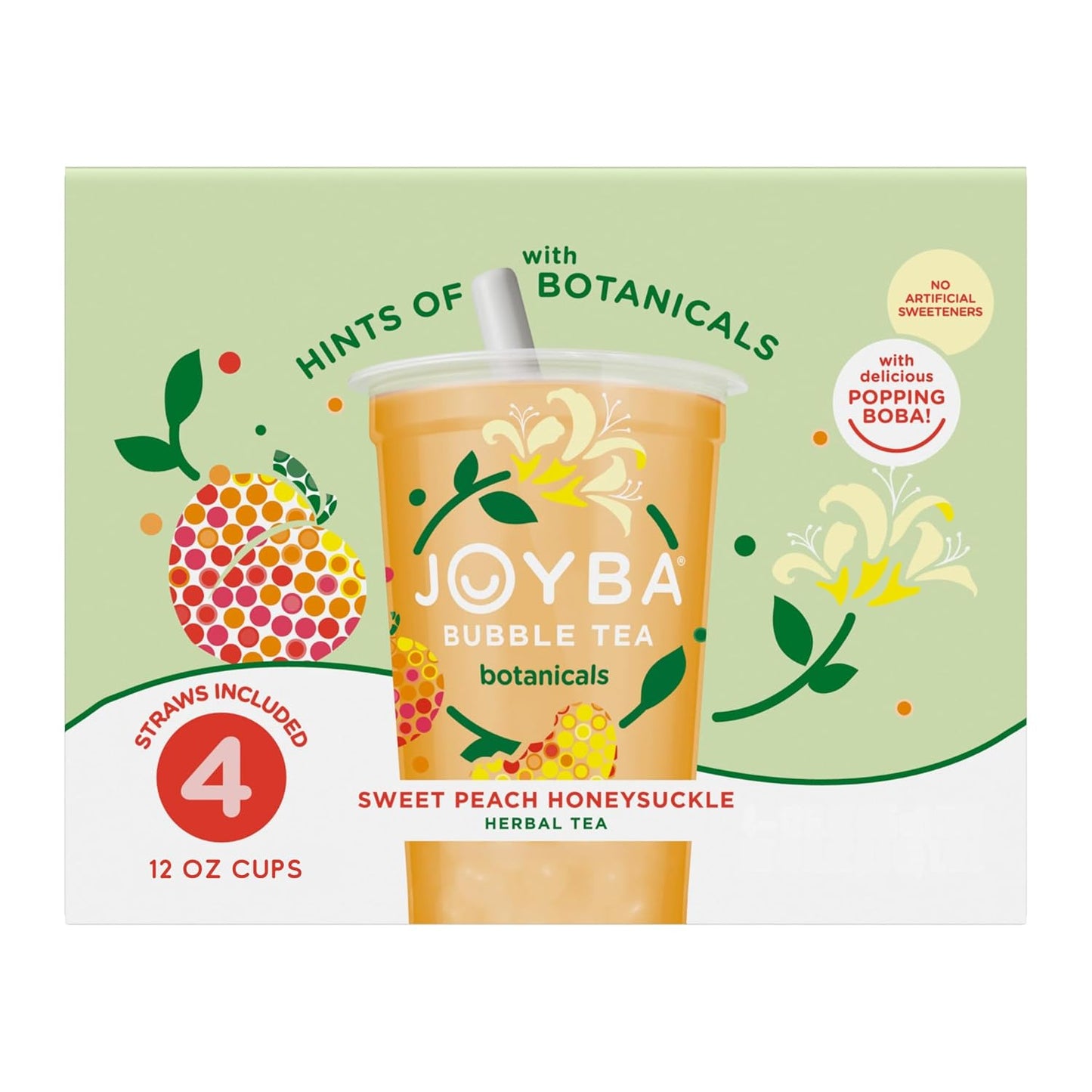 JOYBA Botanicals Sweet Peach Honeysuckle Bubble Tea, 4 Pack, 12 fl. oz. Cups