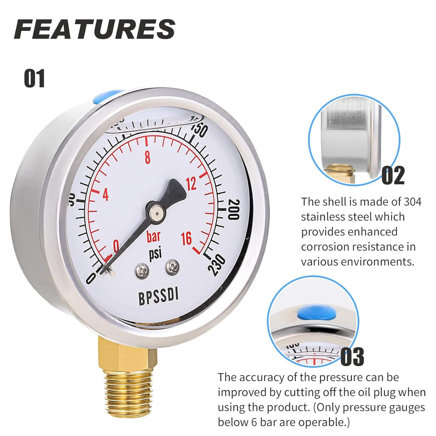 0-230 Psi Glycerin Liquid Filled Pressure Gauge, 2.5" Dial Size, 1/4" NPT Lower Mount, 304 Stainless Steel Case, for Pool Pump Sand Filter Air Compressor, Water Oil Air Pressure Test