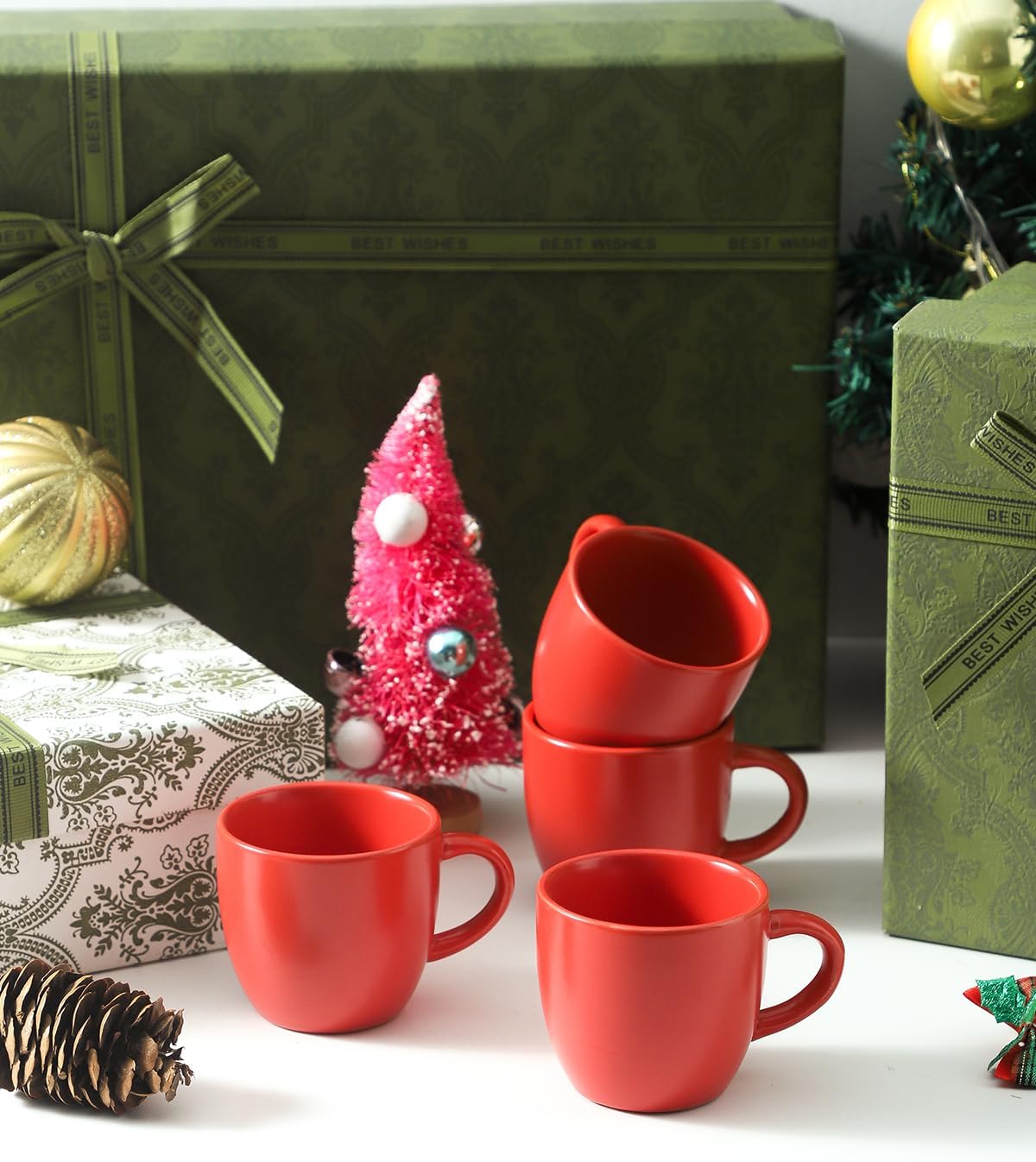 Hasense 7 Ounce Cappuccino Cups Set of 4 Perfect for Latte, Americano, Cafe Mocha and Tea, Ceramic Coffee Cups Ideal for Party Cafe Home and Kitchen, Microwave and Dishwasher safe, Red