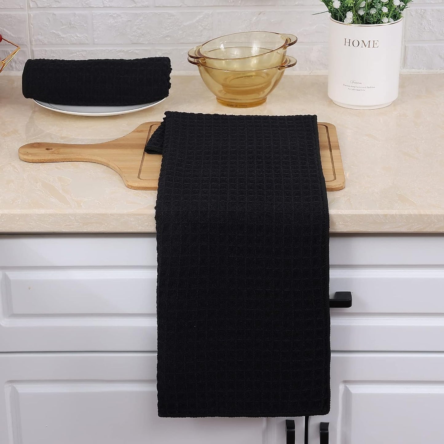 Homaxy Microfiber Waffle Weave Kitchen Towels, 16 x 28 Inch Ultra Absorbent and Solid Color Dish Towels, 4 Pack, Black