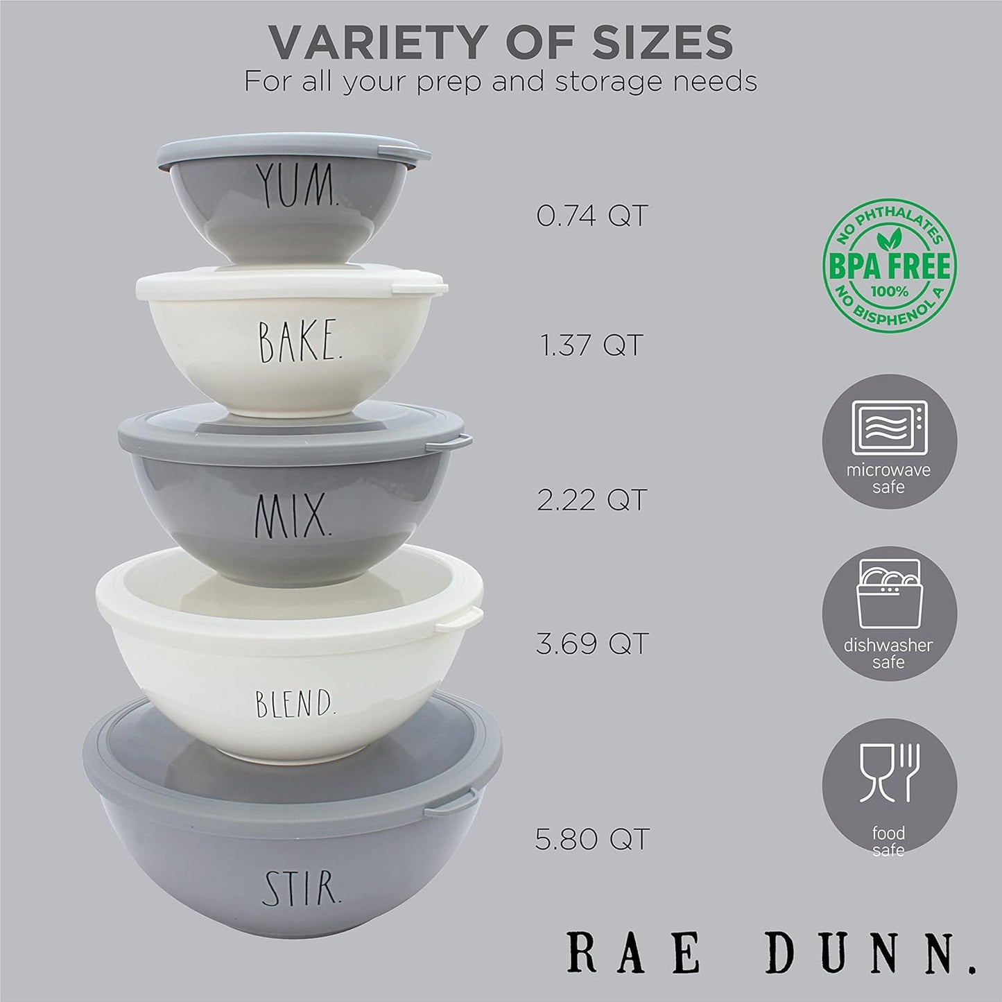 Rae Dunn Mixing Bowls with Lids - 10 Piece Plastic Nesting Bowls Set includes 5 Prep Bowls and 5 Lids (Grey)