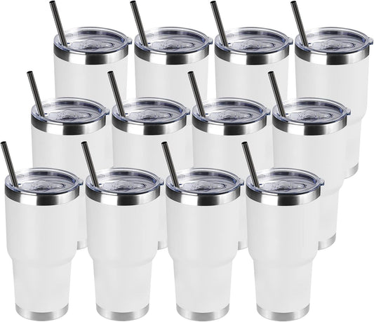DOMICARE 30 oz Tumbler with Lid and Straw, Stainless Steel Tumblers Bulk, Insulated Vacuum Double Wall Travel Coffee Mug, Durable Powder Coated Tumbler Cups (White, 12)