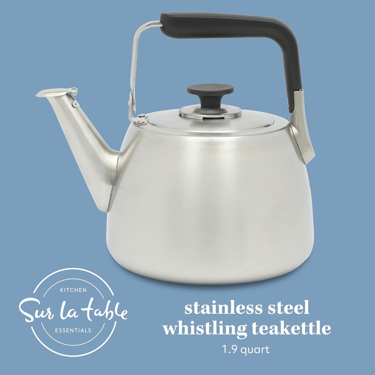Sur La Table Kitchen Essentials Large 2 QT Heavy Gauge Brushed Stainless Steel Whistling Tea Kettle