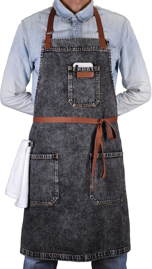 Denim Apron with Pockets, Mens Womens Professional Black Kitchen Bib Apron for Chef Cooking Grill BBQ, with Towel Loop and Adjustable Neck Straps