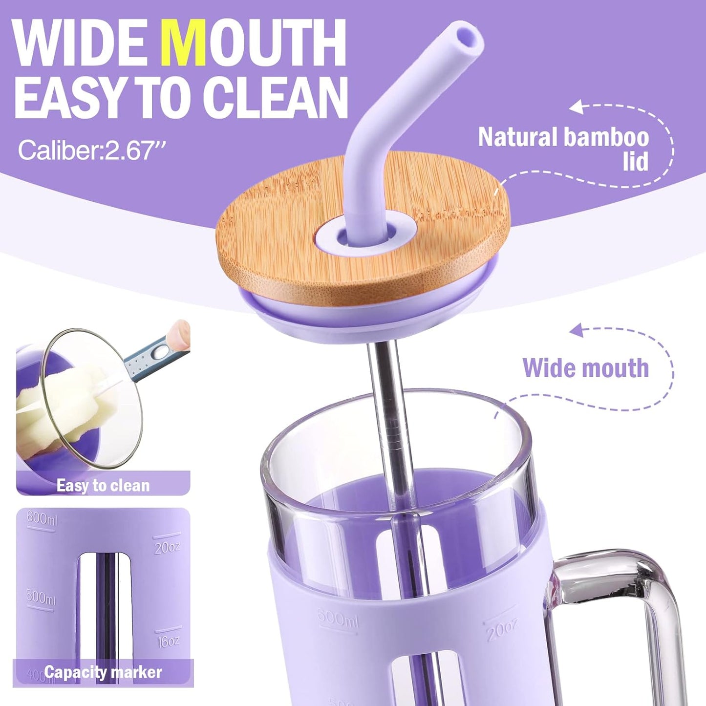 Kodrine Tumbler with Lid and Straw, 20 oz Glass Coffee Tumbler with Handle, Smoothie Cup with Bamboo Lid | Time Marker | Silicone Protective Sleeve, BPA Free - Purple
