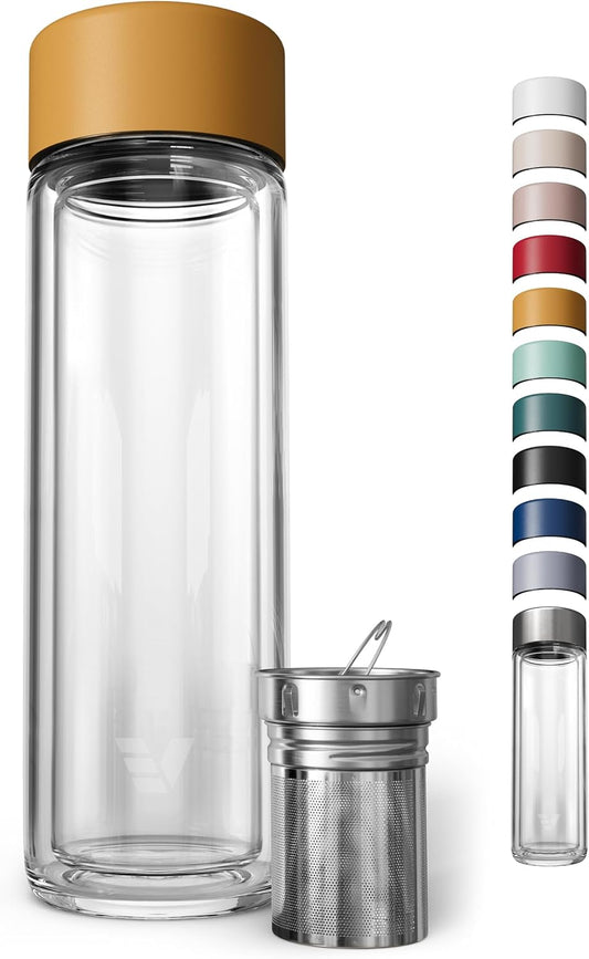 Glass Multi Tea Infuser Bottle 14oz - Double Wall Borosilicate Glass Flask | No Plastic Touches Contents | Perfect for Office or Home - Yellow