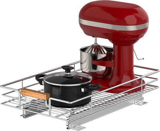 Pull Out Cabinet Organizer(14" W x 21" D), Heavy Duty Slide Out Pantry Shelves, Storage Shelf Drawer Basket for 15-1/4” Cabinet Opening, Pull Shelf Storage for Pots, Chrome