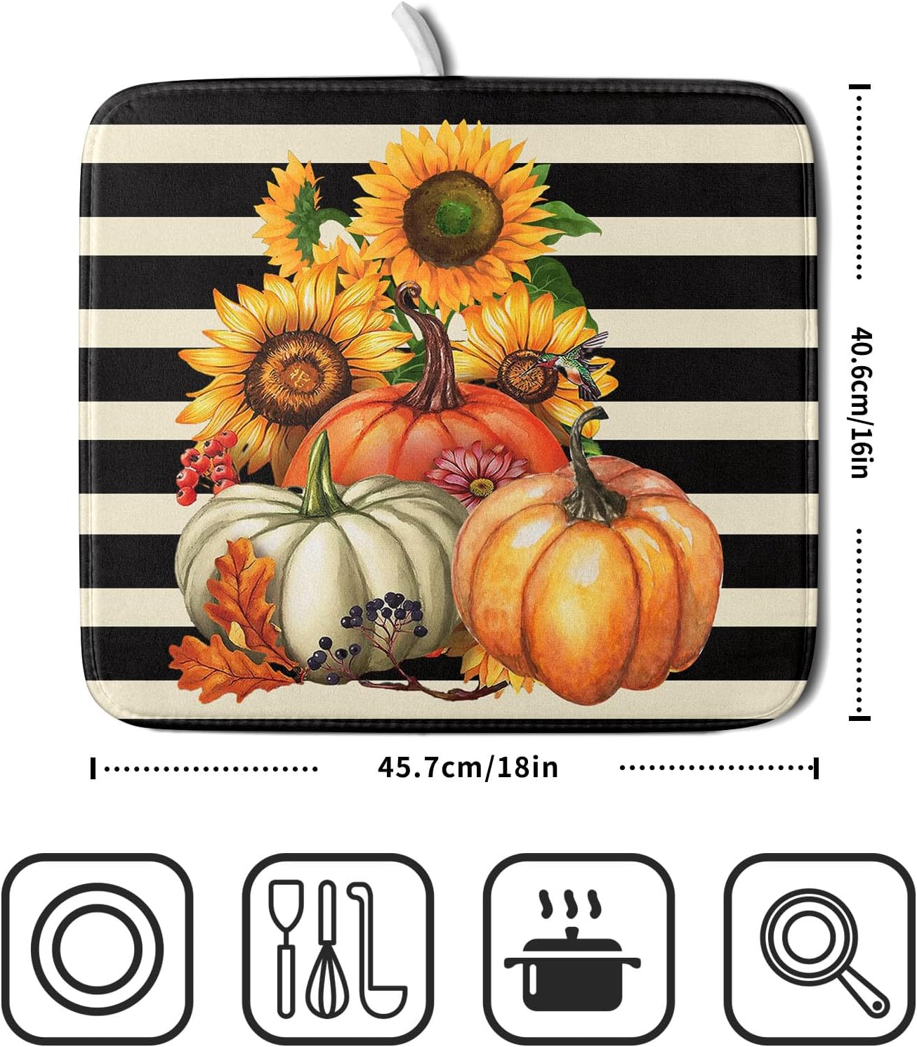 Sunflower Pumpkin Dish Drying Mat for Kitchen Counter,Black and White Stripe Drying Mat 16 x 18 Inch with Absorbent Reversible Microfiber Dish Drying Pad Dish Rack Drainer Mat for Coffee Bar