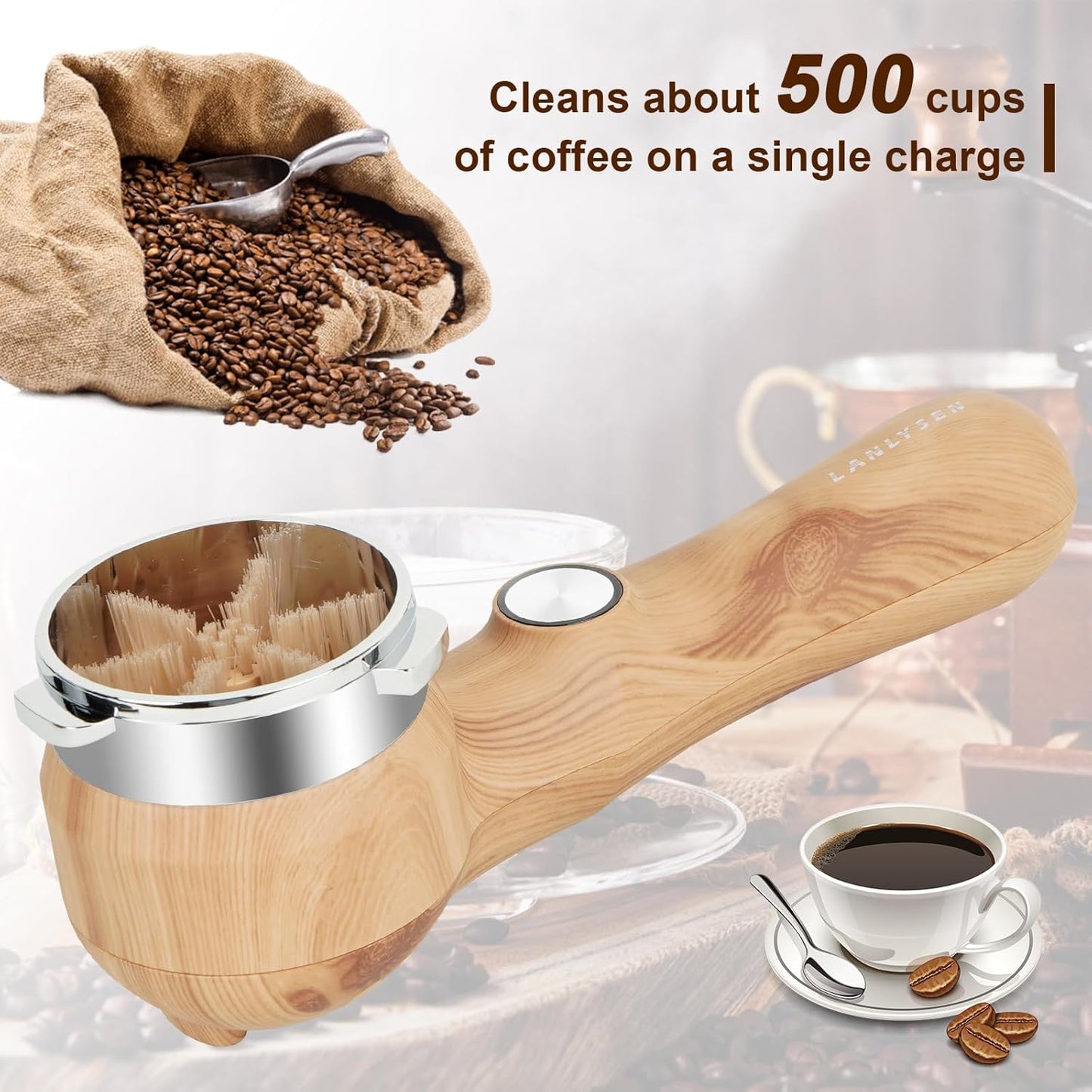 Espresso Coffee Machine Cleaning Brush Wood grain color espresso machine electric cleaning brush 360° Totally enclosed cleaning for 3 EARS 51MM Delonghi Dedica Style Series EC680 and EC685 SMEG ECF01