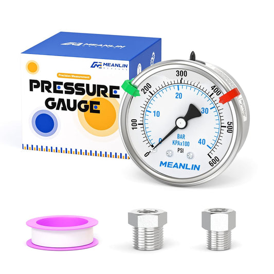 MEANLIN MEASURE 0~600Psi Stainless Steel Liquid Filled Pressure Gauge 2.5" FACE DIAL 1/4" NPT for WOG Water Oil Air Back Mount with Stainless Steel Hex Bushing and Snaps