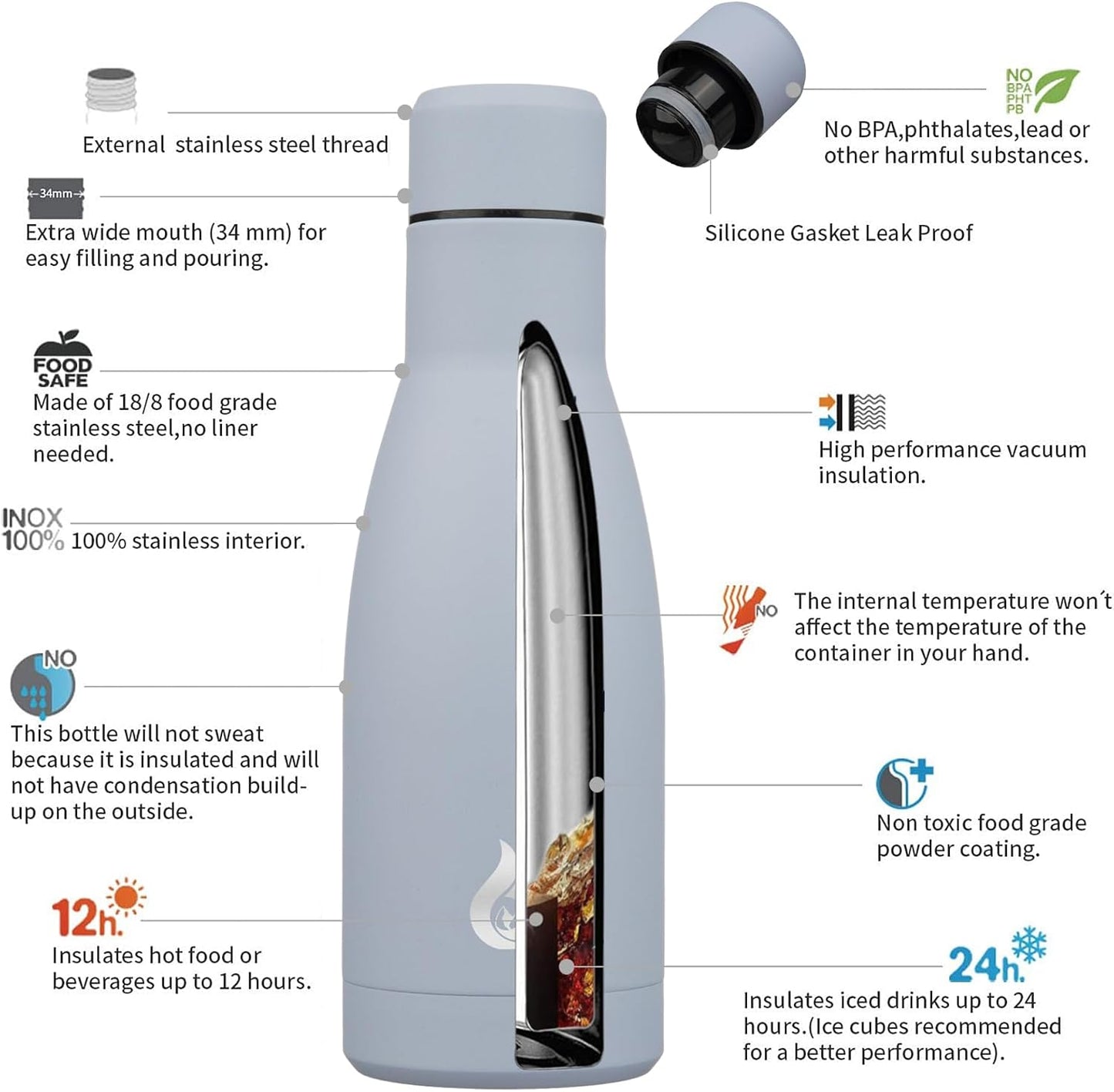 BJPKPK Insulated Water Bottle 12oz Small Stainless Steel Water Bottles Reusable Metal Thermos Keep Cold and Hot,Mist Grey