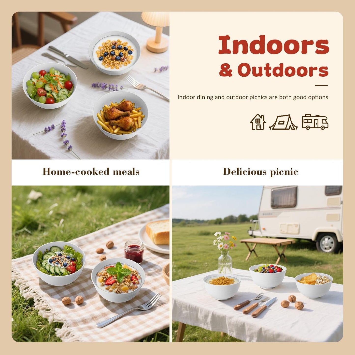 Wheat Straw Camping Bowls Sets of 6,Unbreakable 26oz Lightweight Bowls Sets for Outdoors Activity,Breakfast Bowls for Cereal and Salad.White Series