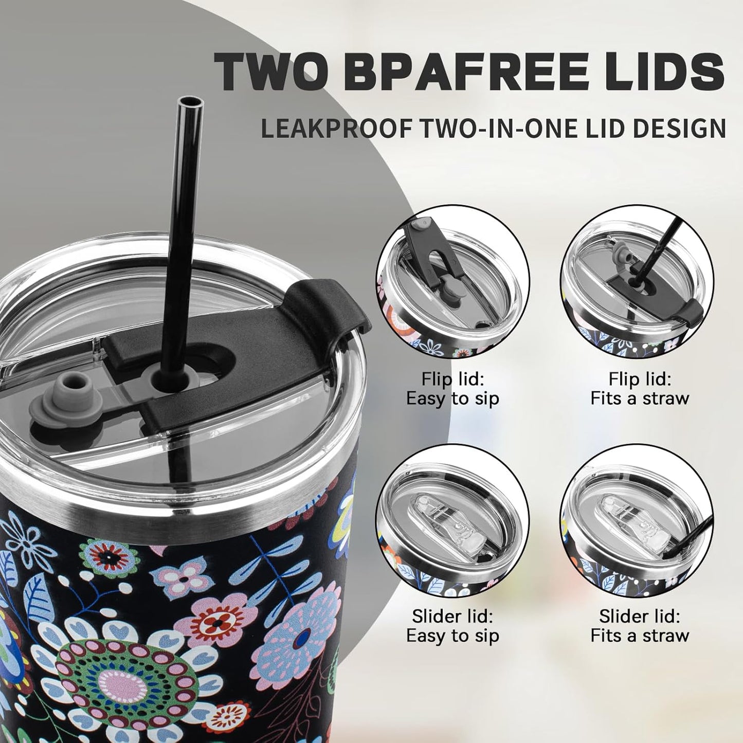 40 oz Tumbler with Lids and Straws, Stainless Steel Insulated Coffee Tumbler, Double Wall Vacuum Insulated Travel Mug Cup, Leakproof Thermal Coffee Cup for Hot and Cold Drinks (Flower)
