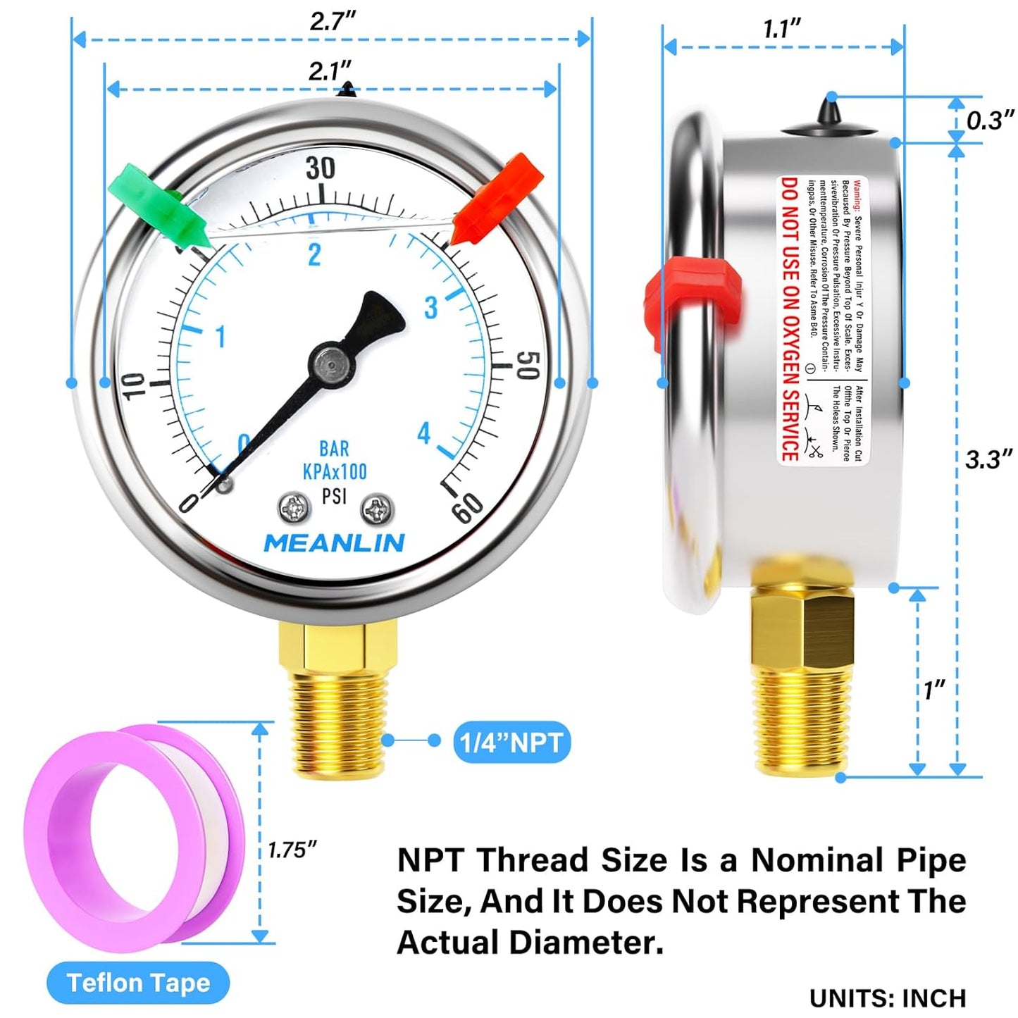 MEANLIN MEASURE 0~60Psi Liquid Filled Pressure Gauge 1/4" NPT 2.5" FACE DIAL Stainless Steel Glycerin Filled WOG Water Oil Air Lower Mount (with 2PCS Snaps)