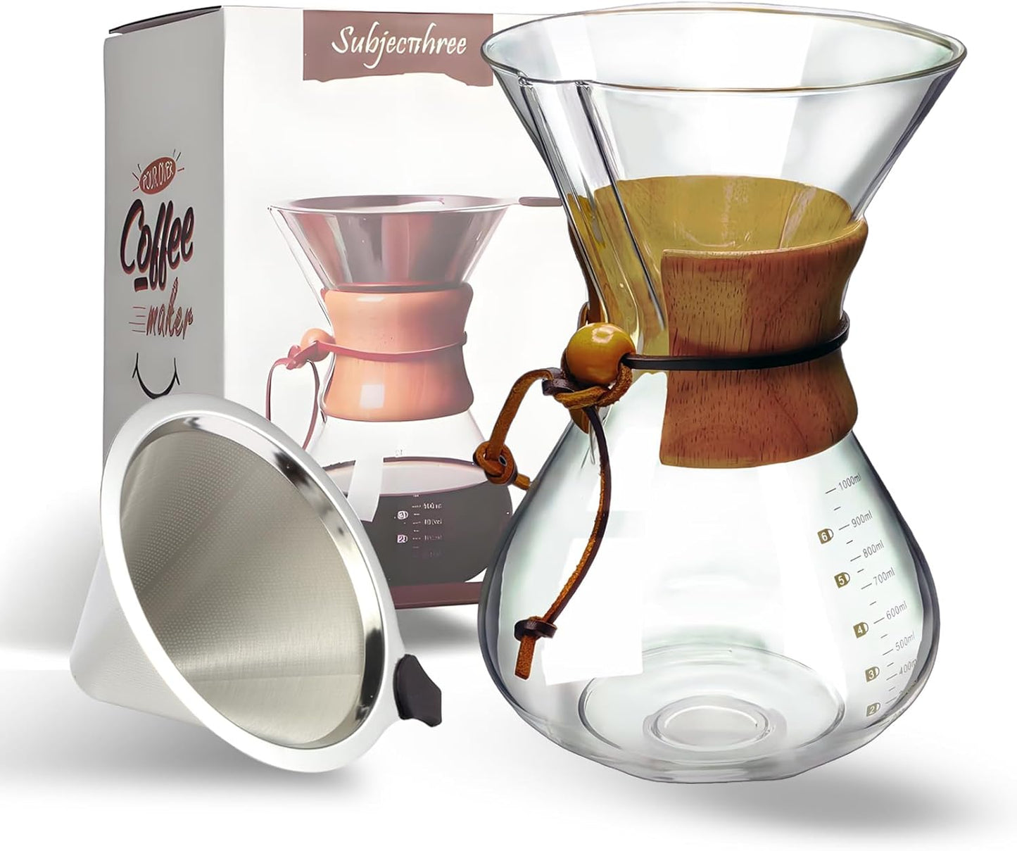 Pour Over Coffee Maker with Filter Subjectthree 34oz Glass Coffee Carafe Dripper Pourover Set (10 Cup/34 oz)