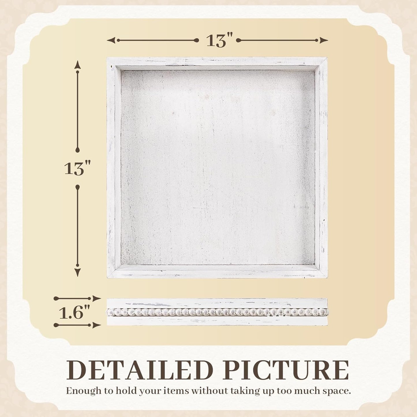 Wooden Decorative Tray, Small Serving Tray with Wood Bead, Farmhouse Big Tray for Ottoman, Countertop, Coffee Tabl, 13" x 13"x 1.6" (Retro White)