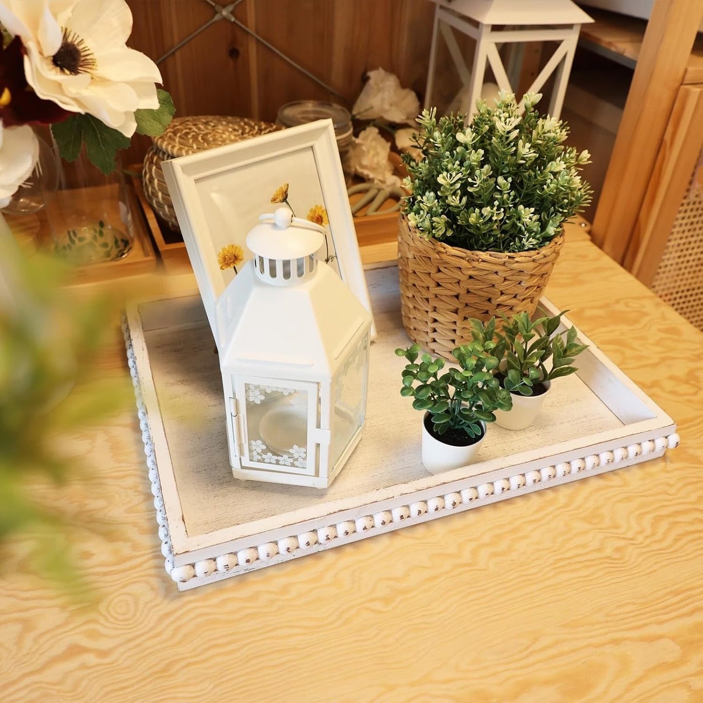 Wood Decorative Coffee Table Serving Tray, Farmhouse Rectangular Tray with Wooden Bead for Ottoman, Entertaining, Home Decor, 15.7”*11.8”*1.57” (Whitewashed)