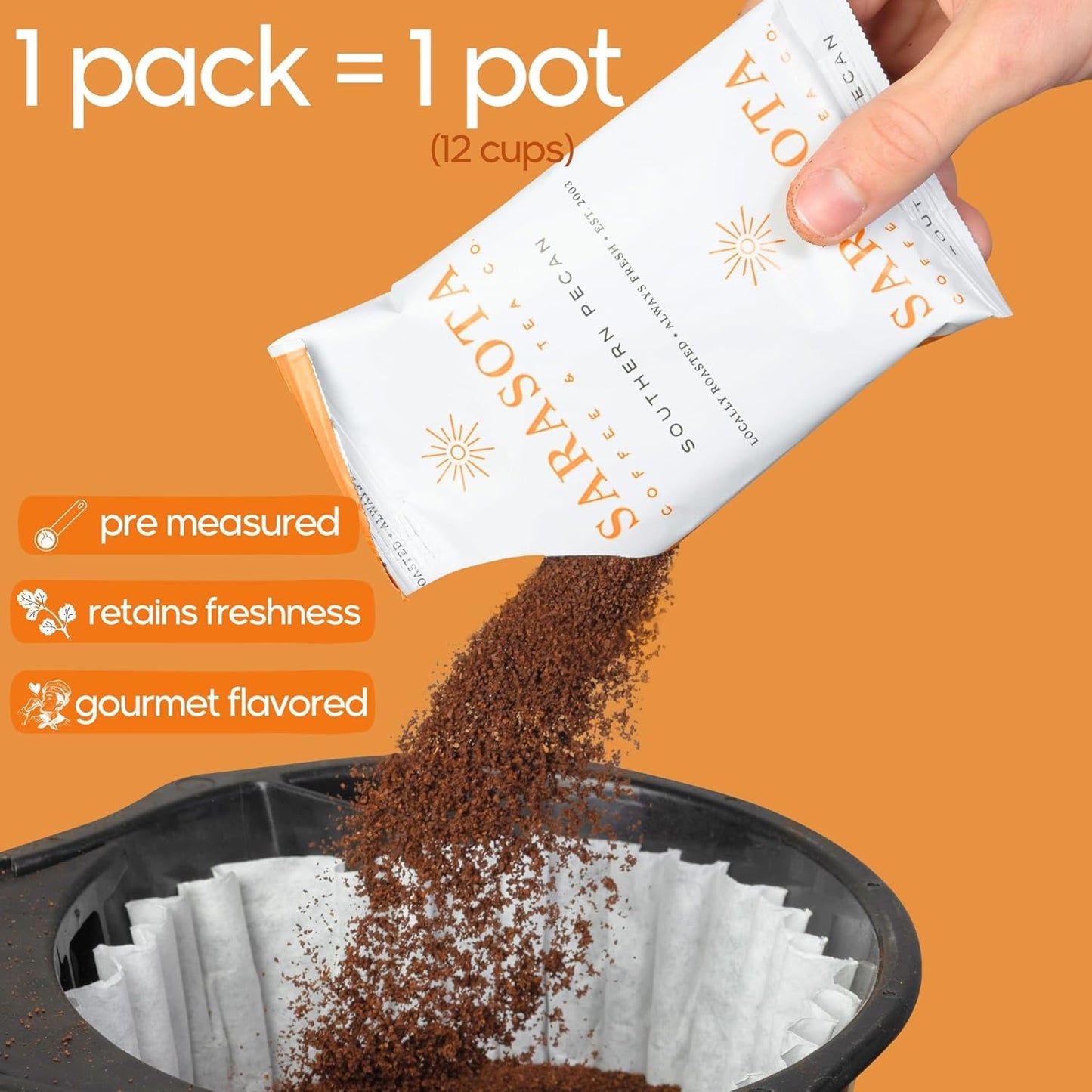 Sarasota Coffee Flavored Ground Packets | Southern Texas Butter Pecan | Gourmet Medium Roast Bulk Coffee Packs | Low Acid Mold Free Individual Pouches for 12 Cup | 2.5 Ounce Bags, 36 Count