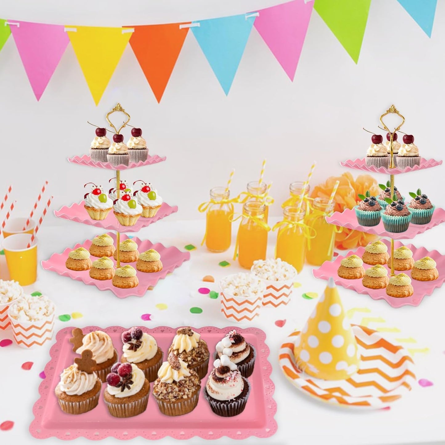 5 Pcs Dessert Table Display Set, Pink Plastic 2 Pcs Square 3 Tier Cupcake Stand Cup Cake Tower Stand with Metal Rod & 3 Pcs Serving Tray for Baby Shower, Tea Party, Wedding, Birthday Party