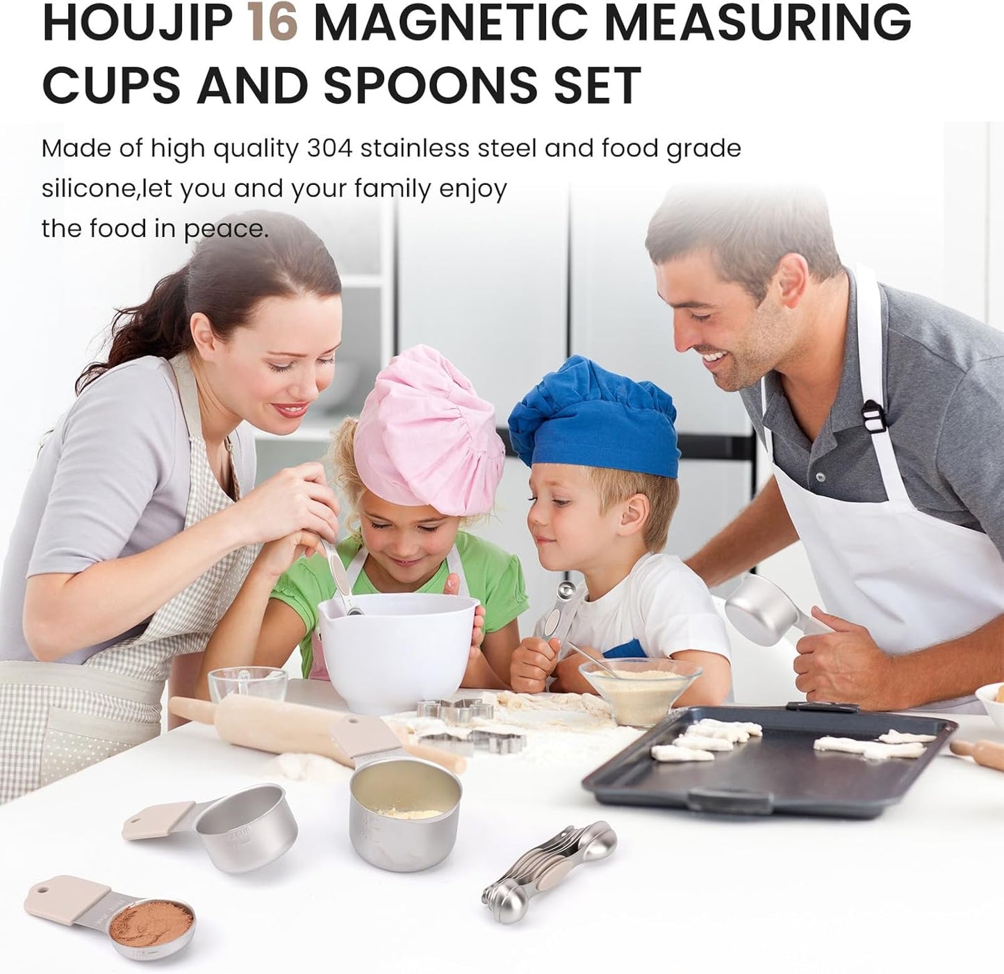 Magnetic Measuring Cups and Spoons Set-Heavy Duty 304 Stainless Steel，Double Measurement Markings，Set of 16 with Leveler for Measure Dry and Liquid Ingredients (khaki)