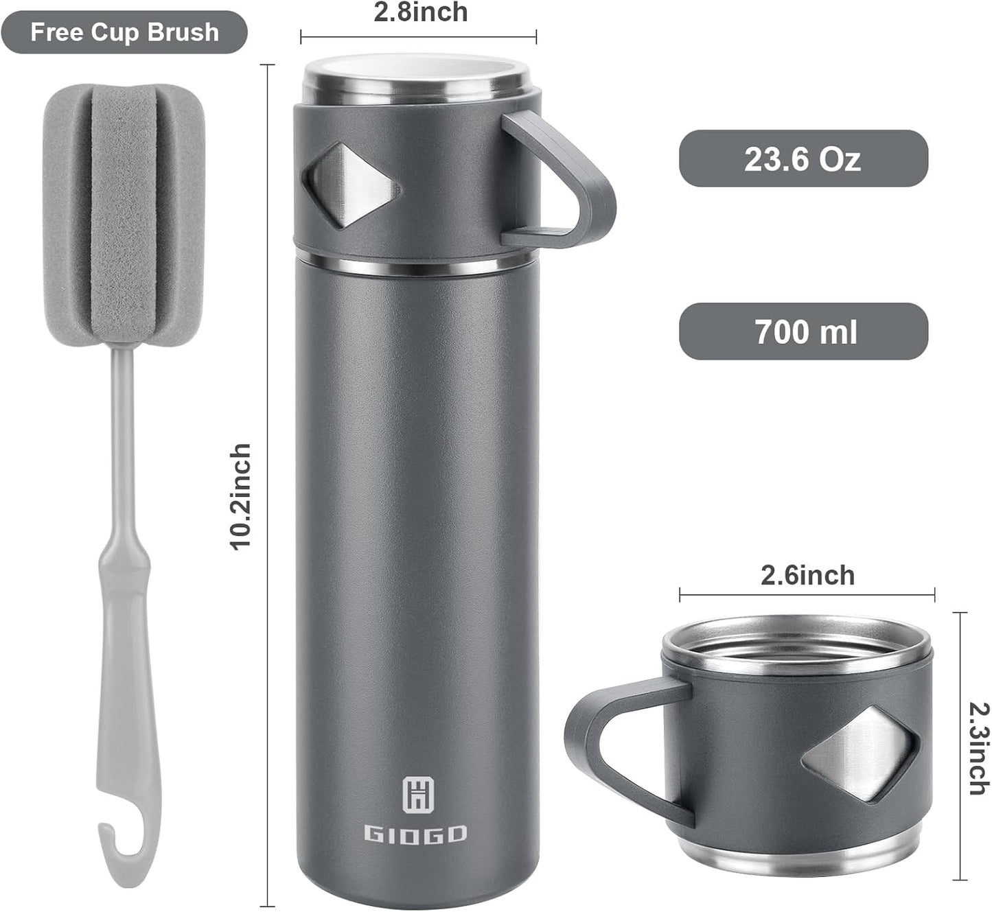 Stainless Steel Thermo 700ml/23.7oz Vacuum Insulated Bottle with Cup for Coffee Hot drink and Cold drink water flask.(Gray,Single)
