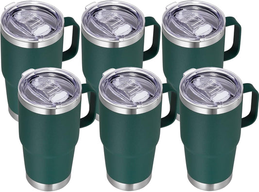 VEGOND 20 oz Tumbler Bulk with Handle Lid and Straw, Stainless Steel Insulated Travel Coffee Mug Set, Spill Proof Double Wall Metal Tumblers Cups, Dark Green 6 Pack