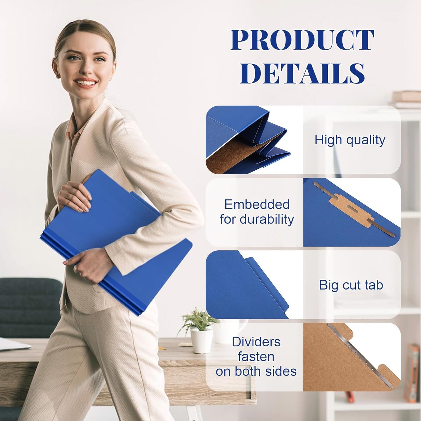 24 Pcs Classification Folders Letter Size, Back to School Supply for Teacher, Student, 1 Divider Pressboard File Folder Bulk with 2 Fasteners, 3.5 Inch Expanding File Organizer (Dark Blue)