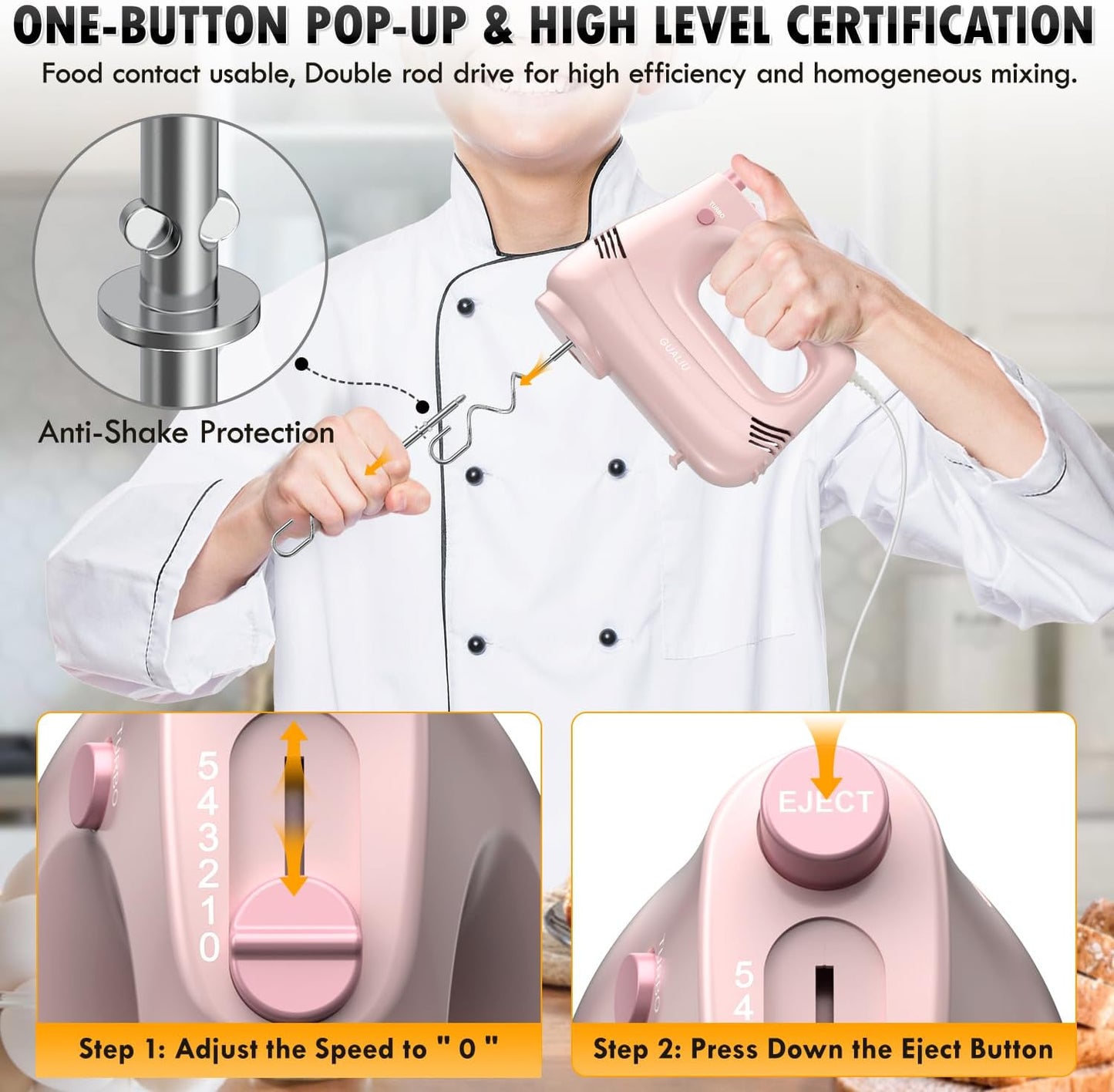 Electric Hand Mixer with Stainless Steel Whisk, Dough Hook Attachment and Storage Bag, Handheld Mixer for Baking Cakes, Eggs, Cream Food Mixers. Turbo Boost /5 Speed Kitchen Blender PINK