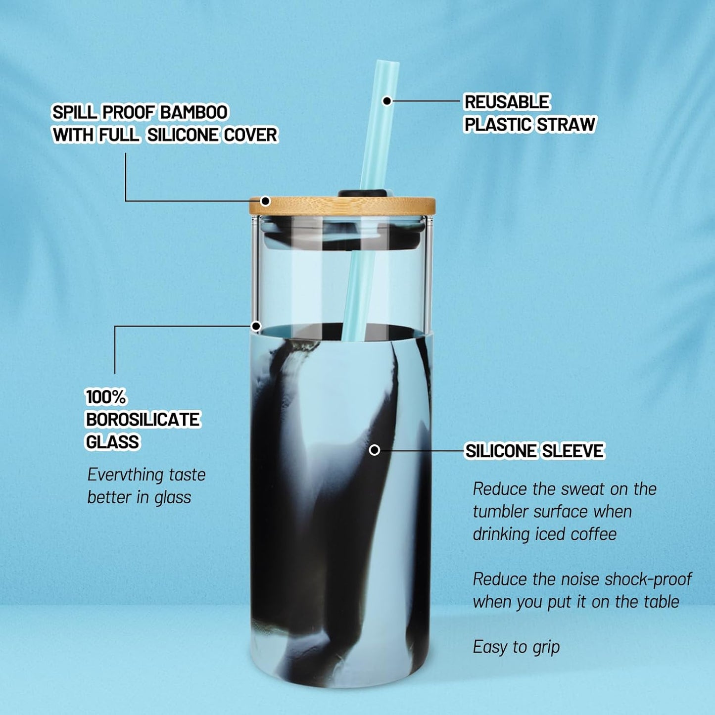 Tronco 20 oz Glass Tumbler with Straw and Bamboo Lid, Iced Coffee Cup Reusable, Smoothie Cups, Tumbler with Silicone Protective Sleeve - BPA Free