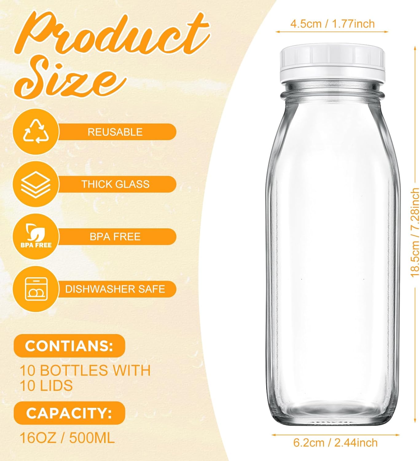 Suclain 10 Pcs 16 oz Glass Juice Bottle with Lids, Clear Reusable Milk Container for Refrigerator, Airtight Heavy Duty Dispenser Drinking Jar for Beverage, Oat, Honey Storage Supply