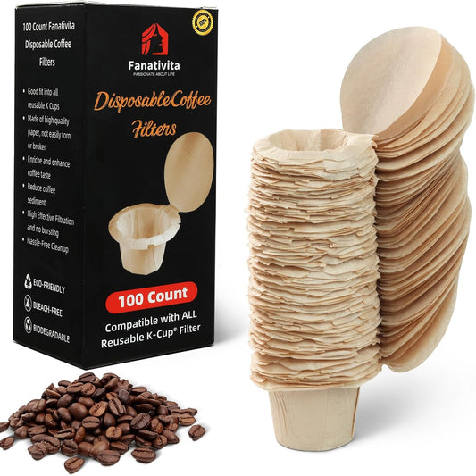 100 Count Fanativita K Cup Filters Disposable with Genius Lid Design, Fit All Reusable K Cups for Keurig (Unbleached)