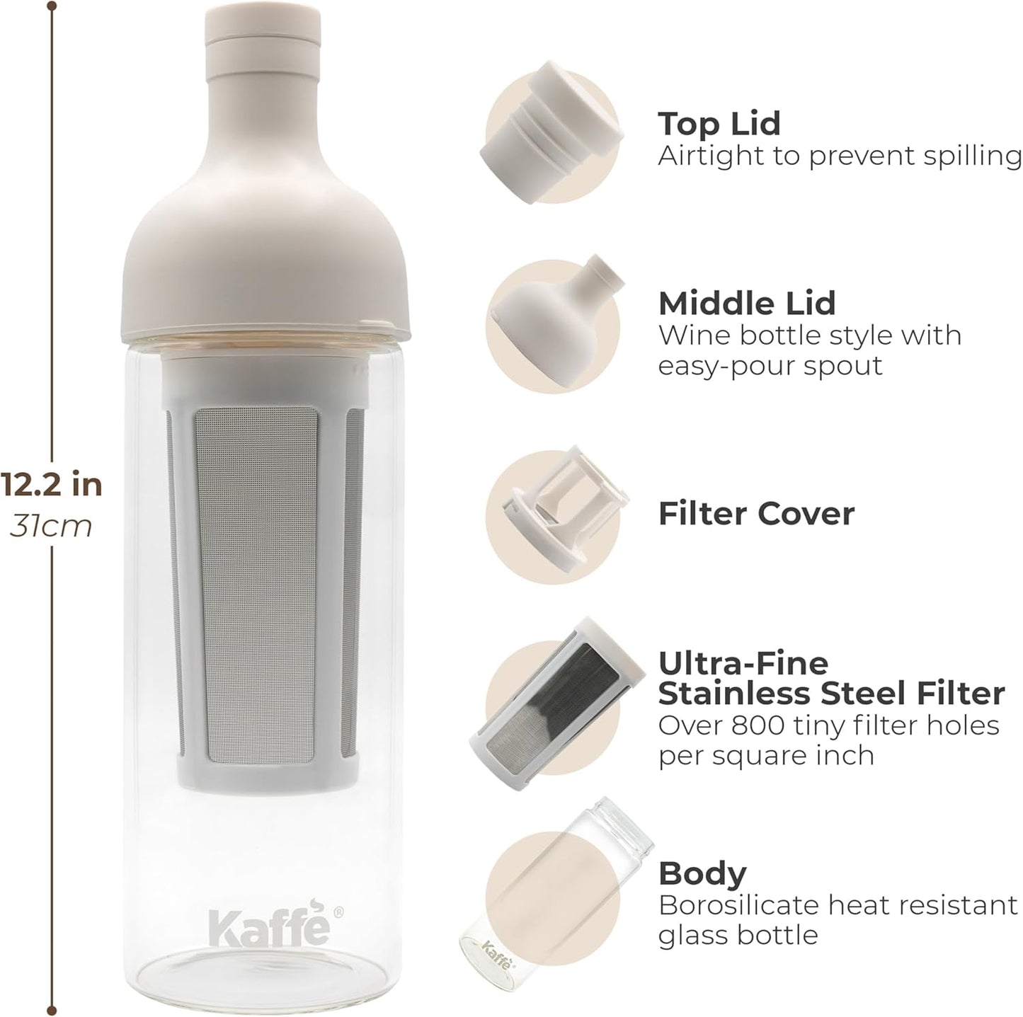 Kaffe Cold Brew Coffee Maker (38oz / 1L) - Borosilicate Glass, Airtight Seal & Dishwasher Safe - Iced Coffee Maker Bottle - Removable Mesh Filter - Up to 6 Cups of Cold Brew Coffee
