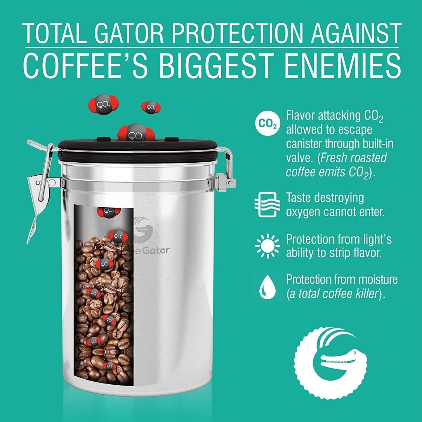 Coffee Gator Coffee Canister, 16oz Airtight Stainless Steel Kitchen Food Storage Container with Date Tracker, Scoop for Sugar,Grounds Coffee, Beans,Tea, Sugar, Cereal, Flour, Cookies Jars - Orange