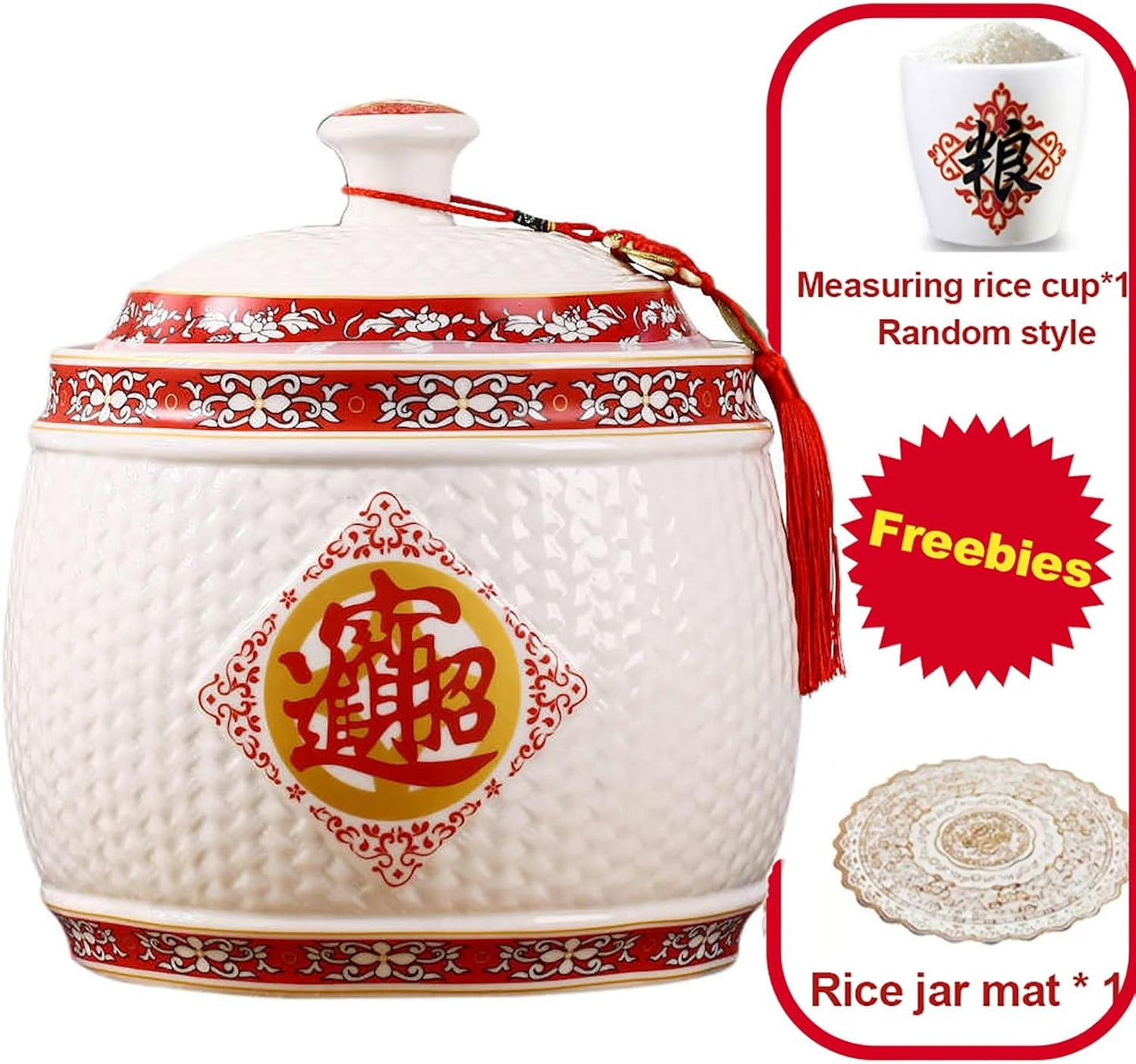 Chinese Sealed Large-Capacity Rice Pot, Ceramic Rice Bucket With Tassel Design, Grain Storage Ceramic Container, Rice Dispenser Airtight Storage Bucket For Grains Snacks Candy Coffee Beans Food(F,Capa