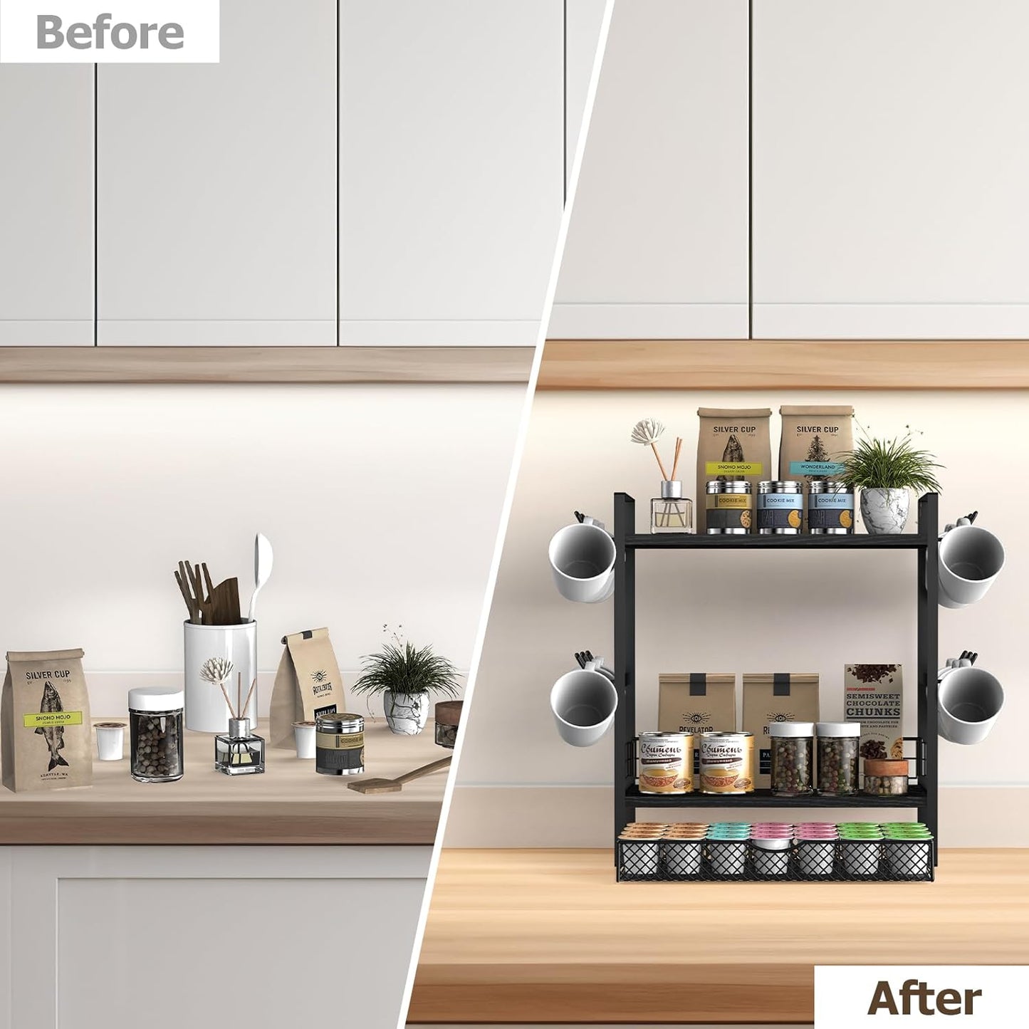 Coffee Bar Organizer, 3 Tier Station for Countertop, Mug Cup Holder Stand With 28 K Cup Storage and 12 Hooks for Kitchen, Home & Office, Black