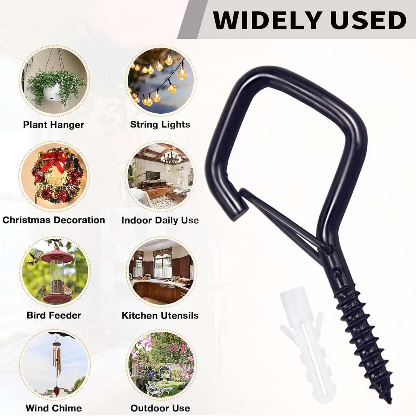 10PCS Eye Screw Hooks for Hanging Heavy Duty with Safety Buckle.Metal Ceiling Hooks for Hanging Plants,Cup,Wind Chime,Bird Feeders,String Lights at Indoor&Outdoor,2.36 Inches Black