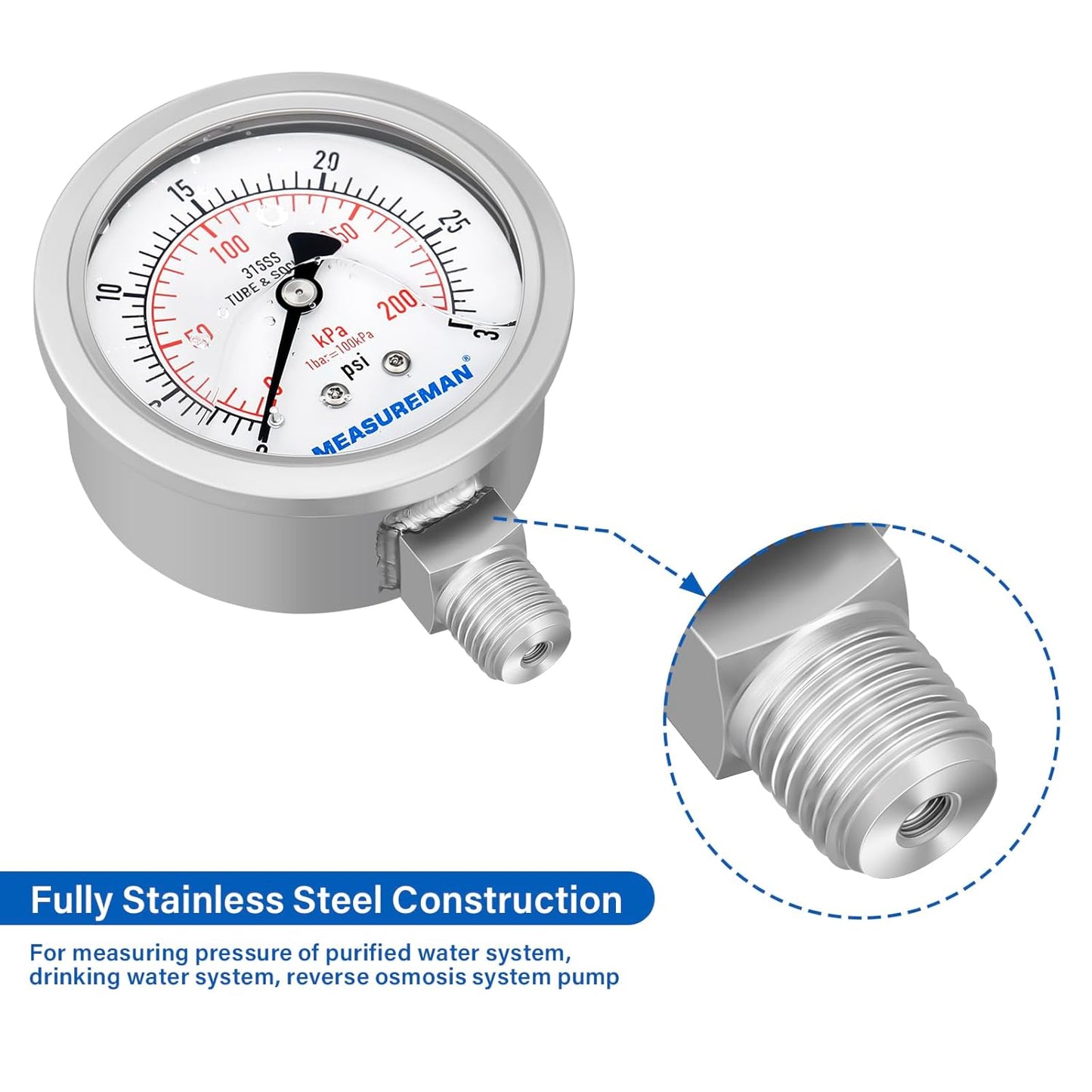MEASUREMAN Fully Stainless Steel Hydraulic Glycerin Filled Pressure Gauge, 2-1/2" Dial Size,0-30psi/kpa,1/4" NPT Lower Mount