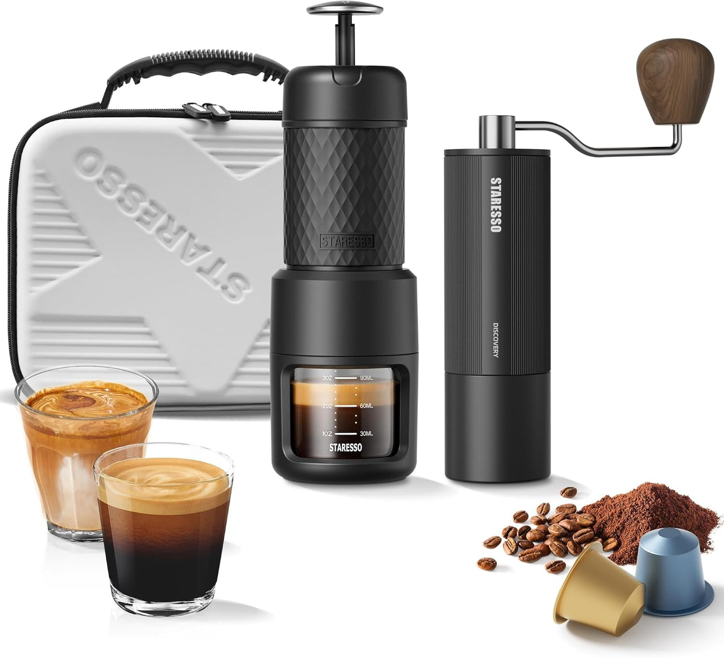 STARESSO Portable Espresso Maker & Coffee Bean Grinder Set with Carrying Bag, Manual Travel Coffee Maker + Burr Coffee Grinder, Waterproof Easy-Carry, Perfect for Travel Camping Hiking On-The-Go