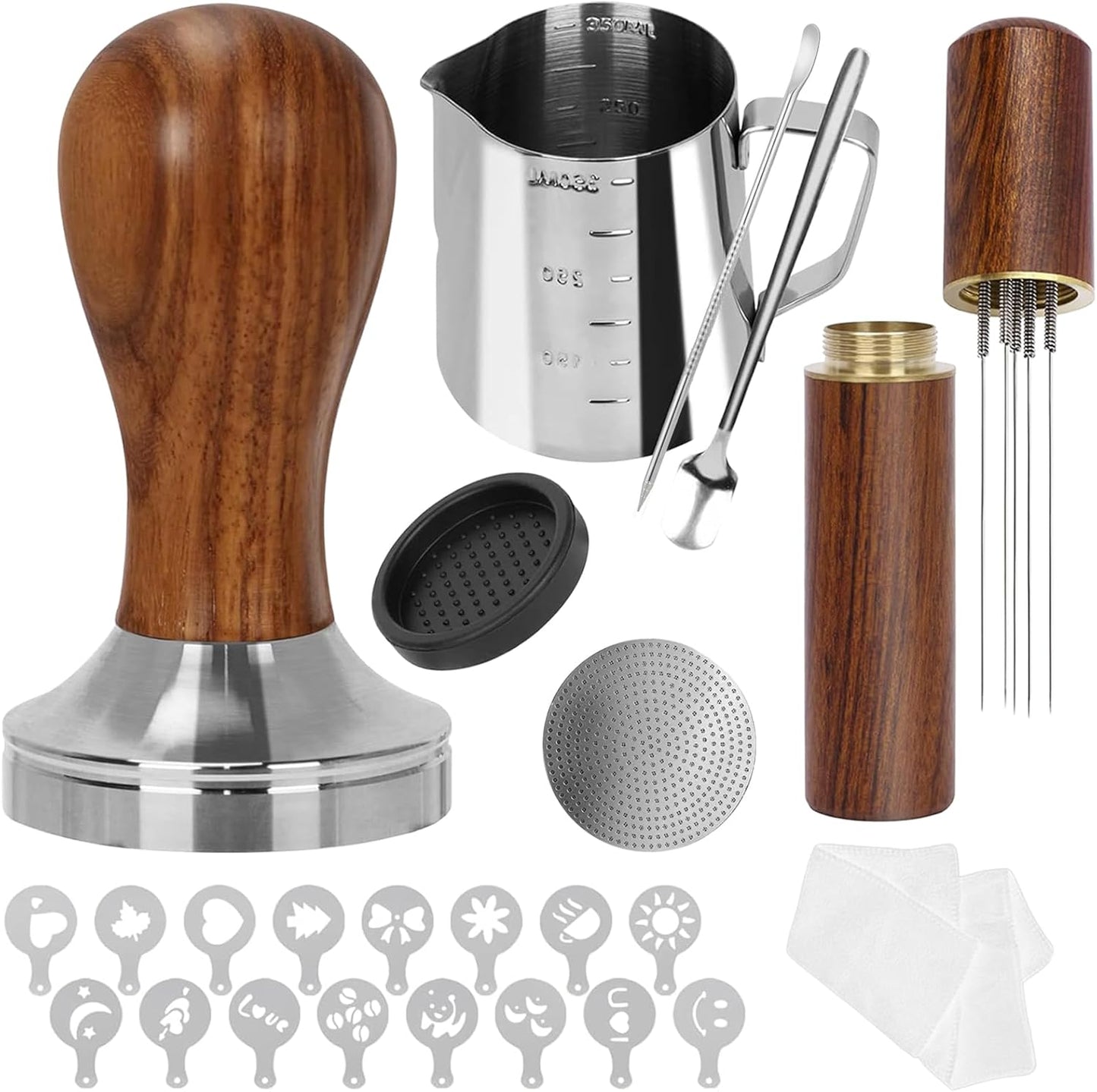 Gmnuiy51mm Coffee Tamper Set 24PCS, Espresso Accessories Kit Barista Kit,316stainlesss Tamper & WDT Tool,316stainlesss Frothing Pitcher, Stirrer, Tamper Mat, Latte Art Pen Coffee puck screen (brown)