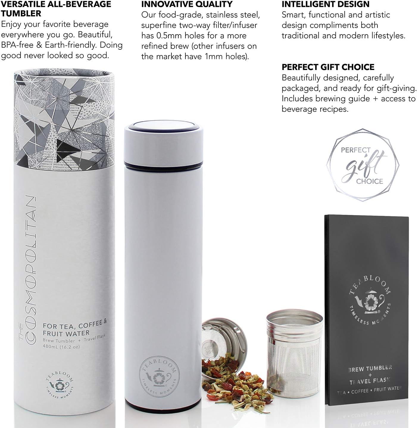 Teabloom - The ORIGINAL All-Brew Travel Tumbler & Thermos | OPRAH’s Favorite | 16oz/480ml Insulated Water Bottle/Tea Flask/Cold Brew Coffee Mug