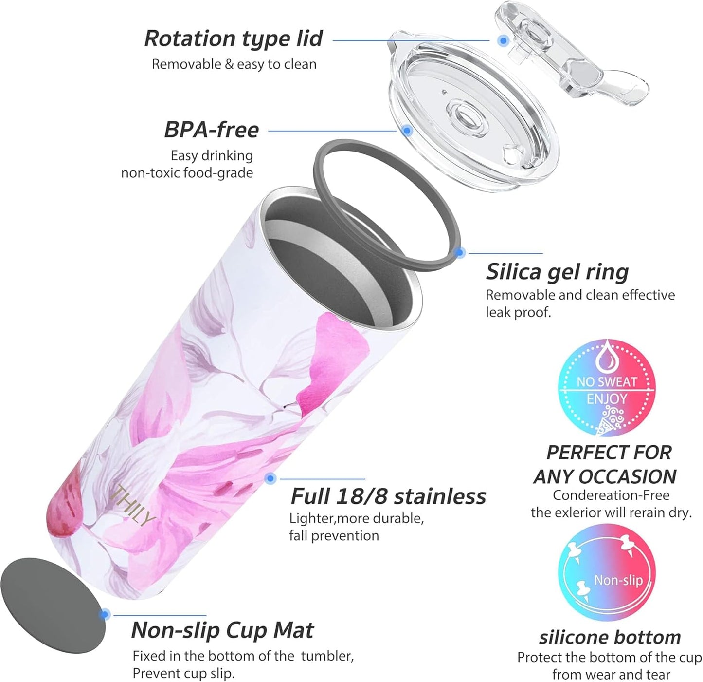 THILY Tumbler Stainless Steel Coffee Cup 26 oz Triple-Insulated Travel Mug with Splash-Proof Lid, for Ice Drinks and Hot Beverage Smoothies Cup, Lotus Flower